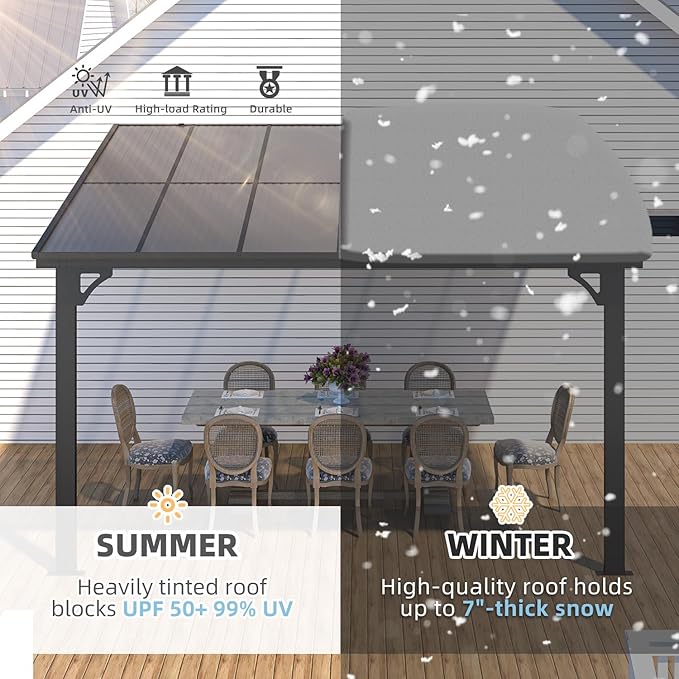 AECOJOY 10' x 12' Adjustable Height Outdoor Lean to Gazebo Pergola for Patio, Large Wall-Mounted 8.1-9.8 Ft Hard Top Metal Heavy Duty Metal Awnings Shelter Pergolas and Gazebos Clearance with Roof