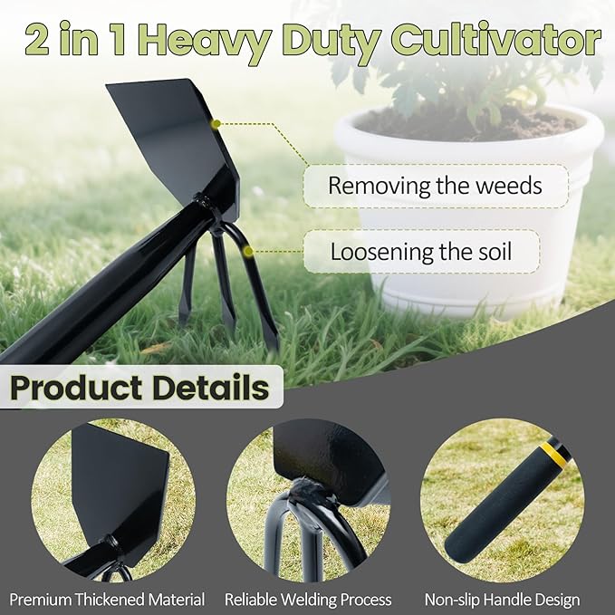 2 Pcs Garden Tool Set, Heavy Duty 2 in 1 Garden Hoe and V-Shaped Garden Trowel, Durable Gardening Hand Tools for Weeding, Loosening Soil, Transplanting