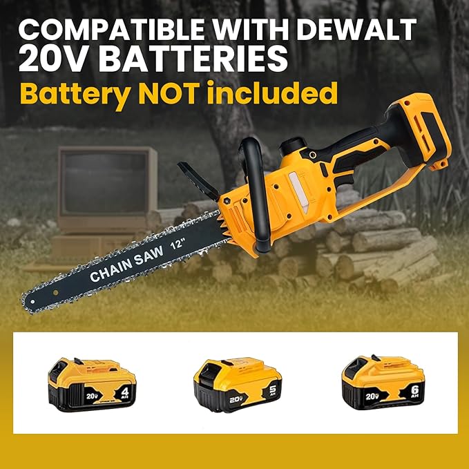 12 Inch Cordless Chainsaw Compatible with DeWalt 20V MAX, 1200W Brushless Motor, Auto Lubrication, Security Lock, Handheld Electric Chainsaw for Tree Trimming (Battery Not Included)