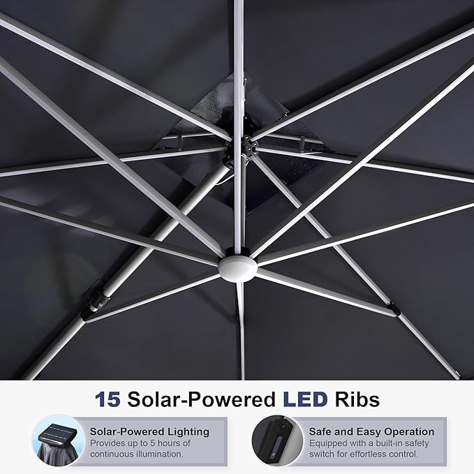 PURPLE LEAF 10 Feet Double Top Deluxe Solar Powered LED Square Patio Umbrella Offset Hanging Umbrella Outdoor Market Umbrella Garden Umbrella, Grey
