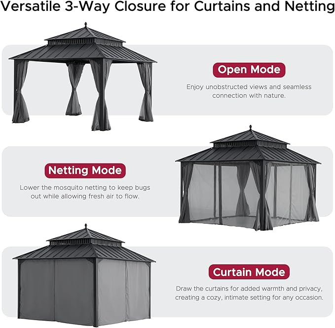 SUNJOY Kingston 12' x 12' Hardtop Gazebo with Galvanized Steel Double Roof, Curtain and Netting, Gray Aluminum Posts Permanent Pavilion Gazebo for Garden, Patio, Deck, Lawn