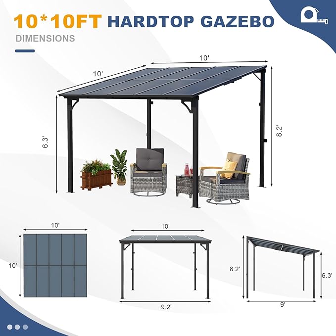MEISSALIVVE 10' x 10' Wall Mounted Lean to Metal Gazebo with Sloped Roof - Black