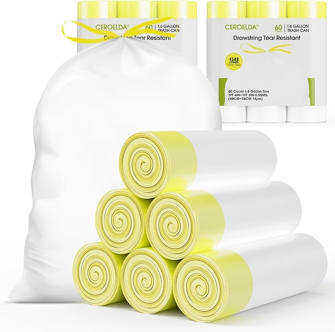 CEROELDA 1.6 Gallon Small Trash Bags, 120 Count Mini Drawstring Garbage Bags Unscented fit 4.5-8 Liter, 1.2-2 Gallon Thick Plastic Wastebasket Liners for Bathroom Bedroom Office Toilet