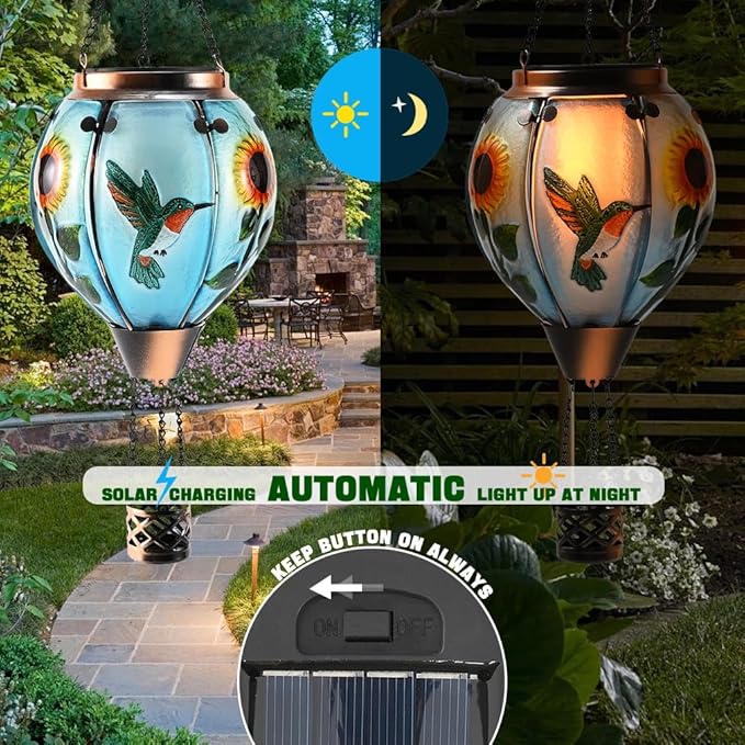 Hot Air Balloon Solar Lantern - Large Hummingbird Glass Lantern, Simulated Flickering & Dancing Flame, Outdoor Hanging Sunflower Yard Light Waterproof IP65 for Patio Lawn Porch Decor Gift