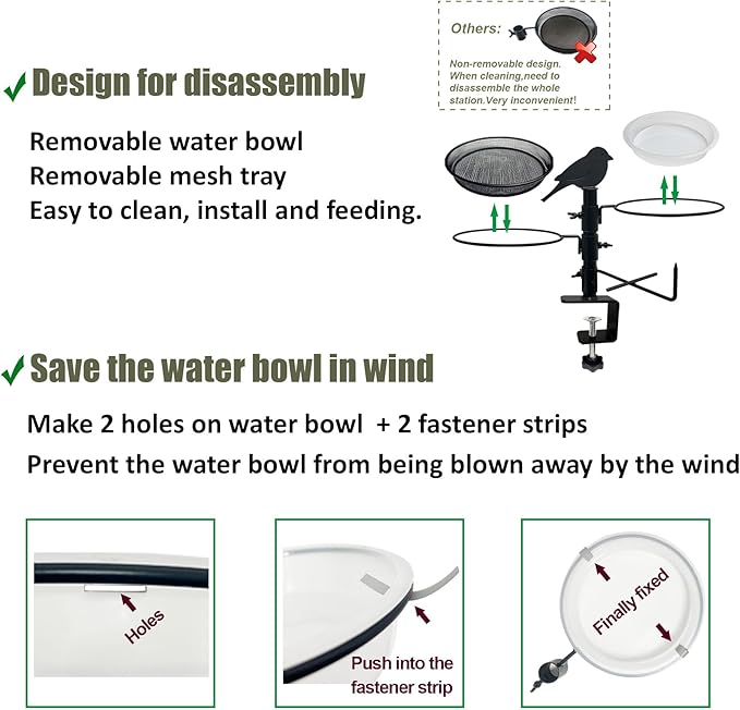 Deck Railing Bird Feeder for Balcony with Platform Metal Mesh Tray,2 Bird Bath Water Bowls and Fruit Station,Deck Rail Mounted Birds Feeder for Outside Wild Birds&Squirrel