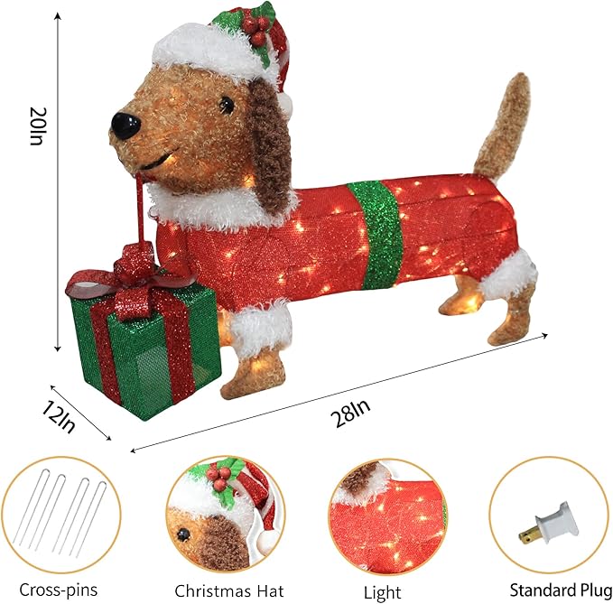28" Long Christmas Dog Decoration with Lights,Xmas Dachshund with Hat Take a Gift Box, Weiner Dog Lighted up for Indoor Outdood Home Garden Party Yard Porch Under Christmas Tree Holiday Addition