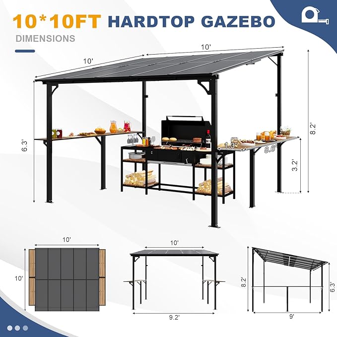 MEISSALIVVE 10' x 10' Wall Mounted Gazebo, Outdoor BBQ Grill Gazebo with Side Shelf, Lean to Metal Awnings with Sloped Roof, Heavy Duty Pergola for Backyard, Deck, Black