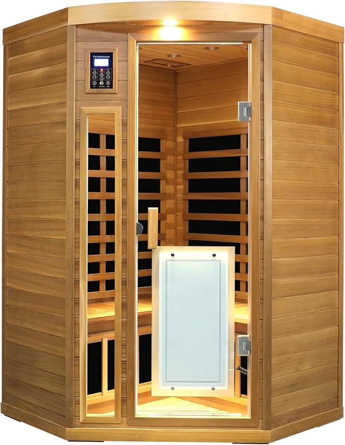 2-3 Person Infrared Sauna, Red Cedar Wood Low EMF Far Infrared Saunas for Home, 1760watt Indoor Personal Sauna Roombox with Door Heating Panels, Outdoor Lamps, Blue-Tooth, Dual Control