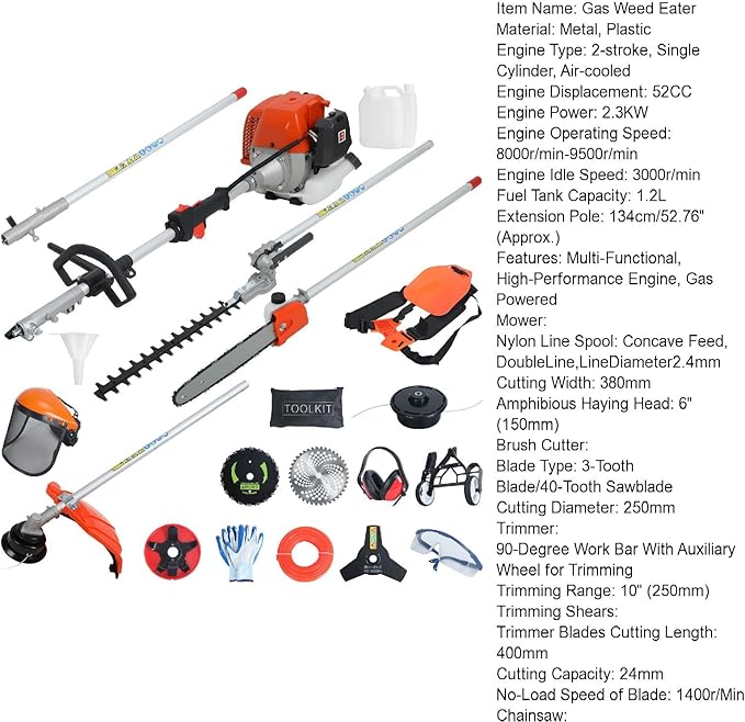Weed Wacker Gas Powered,8 in 1 Multi Trimming Tool,52CC 2-Cycle Gas Powered Hedge Trimmer,Weed Eater,String Trimmer,Brush Cutter,Edger,Pole Saw Chainsaw Pruner with Extension Pole 1.2L 2.3kw