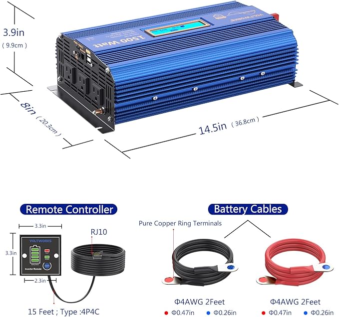 1500Watt Pure Sine Wave Inverter 12V DC to 110V 120V AC Power Inverter with Remote Control LCD Display and 2x2.4A USB Ports 3 AC Outlets Compatible with Lithium Battery for Home RV Truck by VOLTWORKS