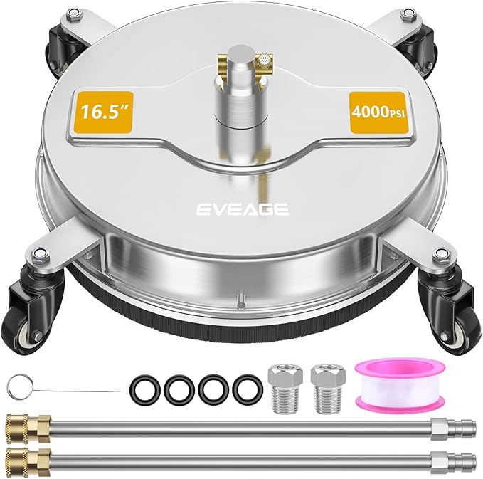 EVEAGE 16.5'' Pressure Washer Surface Cleaner, Power Washer Surface Cleaner with 2 Extension Wand, Stainless Steel Housing Power Washer Accessories with 2 Replacement Nozzles, 4000 PSI,EP001