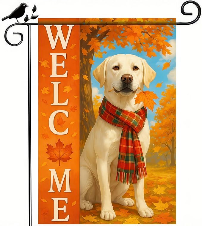 Thanksgiving Fall Garden Flag 12x18 Inch Welcome Labrador Retriever Dog Outdoor Flag Double Sided Autumn Yard Banner with Plaid Scarf and Leaves Decor for Porch L