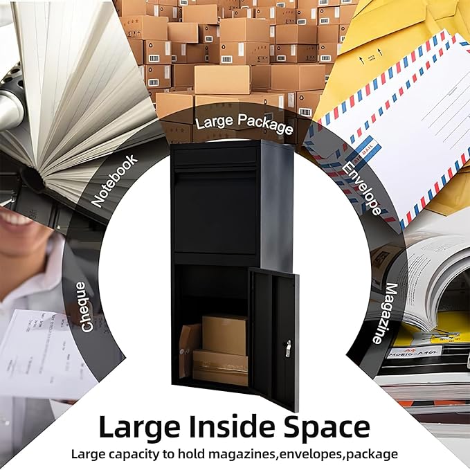Black Mailboxes for Outside，Galvanized Steel Large Package Delivery Boxes for Outside,with Adjustable Baffle Parcel Drop Box,Wind and Rainproof Packages Box for front Porch