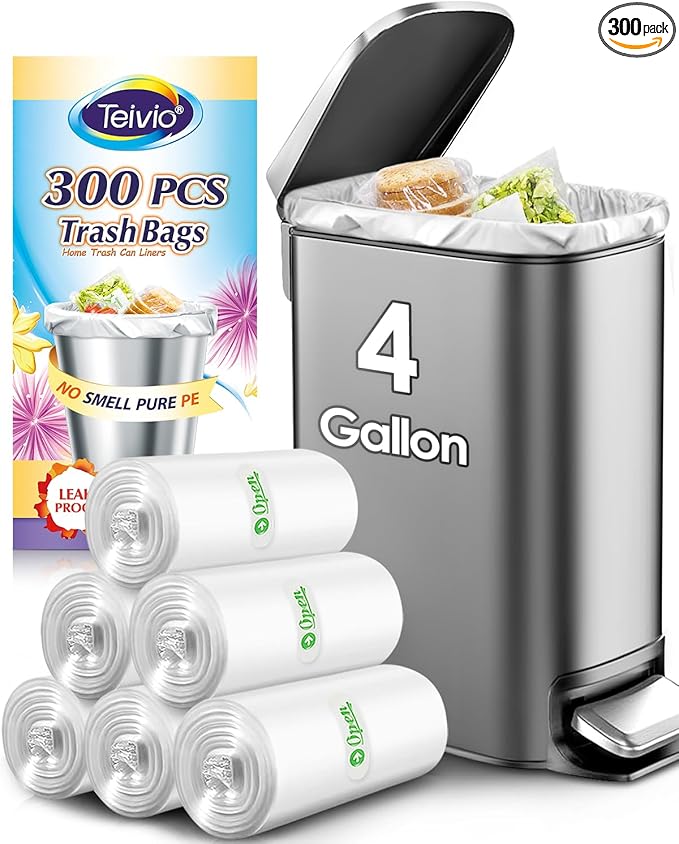 Teivio 4 Gallon 300 Counts Strong Clear Trash Bags Garbage Bags, Mini Waste Basket Liners,Bathroom Trash Can Bin Liners, Small Plastic Bags for Home Office Kitchen Car Bedroom Dog waste Baby Diaper