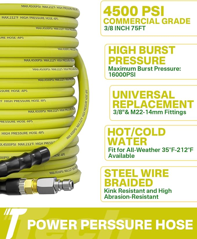 Pressure Washer Hose 75FT 3/8" for Cold and Hot Water 212°F, with Swivel Quick Connect, 4500PSI Kink Resistant Grade Steel Wire Braided, Power Washer Hose With 2pcs M22-14mm Adapter