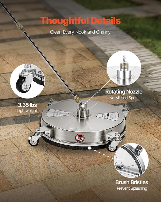 VEVOR 15" Pressure Washer Surface Cleaner, Stainless Steel Pressure Washer Attachments with 4 Wheels, 4000 Max PSI, 1/4 Quick Connector, 2 Spray Nozzles, 2 Extended Wands for Concrete, Patio, Deck