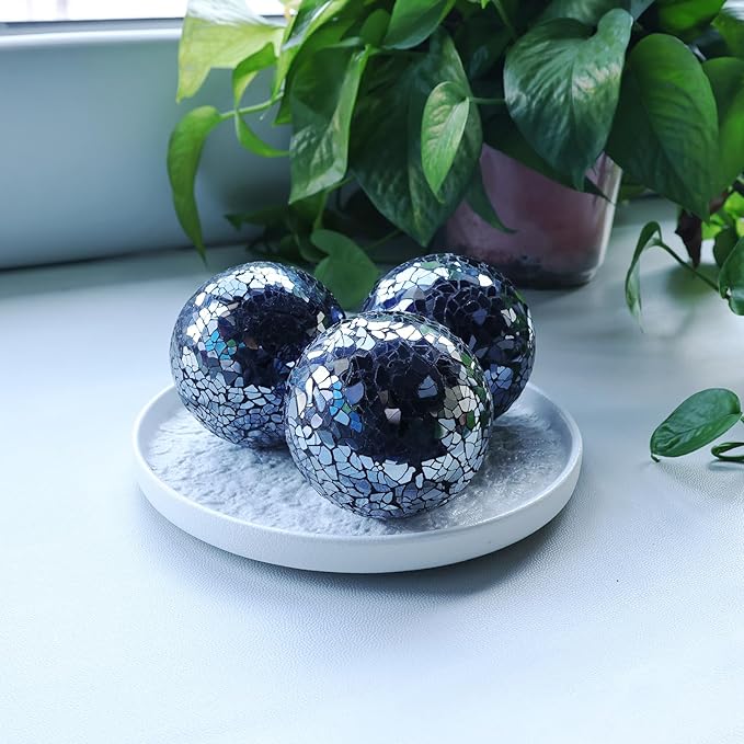 Decorative Balls for Centerpiece Bowls Black Mosaic Glass Orbs Sphere Crack Ball Mirror Globe Sparkle Coffee Table Decor Vase Filler Home Christmas 3 Pcs 3.35 Inch