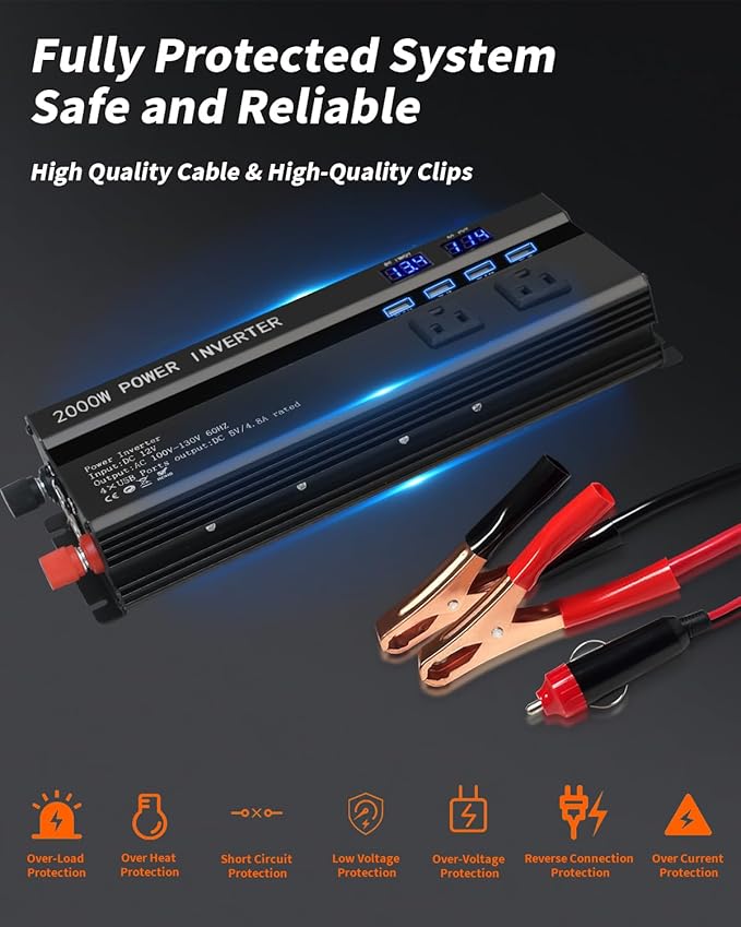 Car Power Inverters 2000W Inverter - 12v DC to 110v AC Converter with 3 AC Outlets 4 USB Port DC 5V/4.8A,Power Inverter 2000w,Car Power Converter for Truck/Home/Vehicles/Laptop Trip