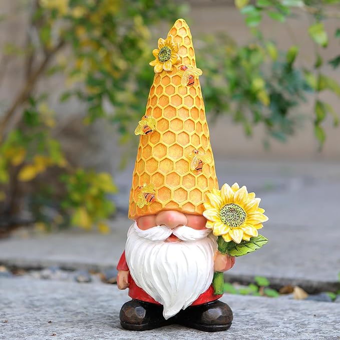 12.3''Garden Gnomes Outdoor Statues Clearance for Garden Decor with Solar Bee Lights,Christmas Gnomes Outdoor Decor - Sunflower Gifts for Women Mom,Yard Art Sculptures for Patio Lawn Yard