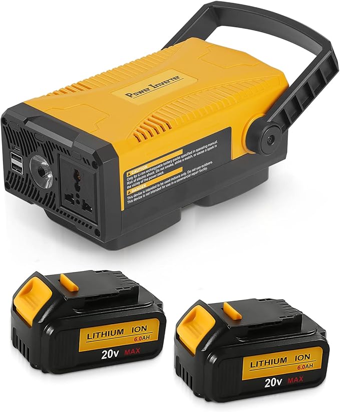 Amityke Upgrade 300W Portable Power Supply Inverter Compatible with 2 Pack 20V Battery 6.0A, DC 20V to AC 110V~120V Modified Sine Wave Power Inverter with AC Outlet and Dual USB Yellow