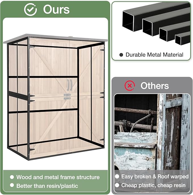 Outdoor Storage Shed with Floor, Waterproof Storage Cabinet with Metal Frame, Adjustable Shelves, Garden Shed for Backyard Garden Patio Lawn - Light Brown