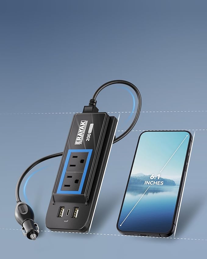 ERAYAK 200W Car Power Inverter, 12V to 110V Cigarette Lighter Adapter to Wall Plug, with AC Outlets & USB C Fast Charger, Car & Truck Accessories for Road Trips