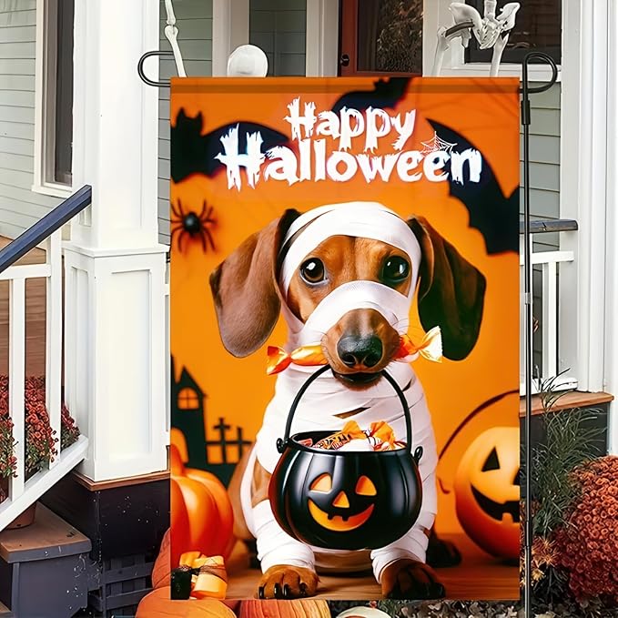 Halloween Decorations Outdoor Garden Flag 12x18 Inch Double Sided Dachshund Dog Pumpkin Ghost Skeleton Fall Decor Yard Lawn Porch Patio Banner Halloween Garden Flags