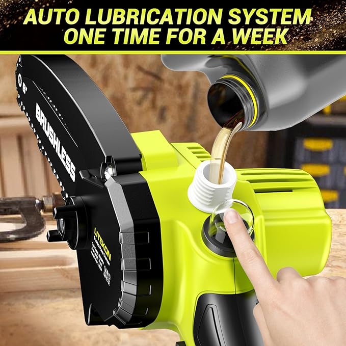 Brushless Mini Chainsaw with 1000W High Power Motor, 36 FT/S 6Inch Cordless Power Chainsaw with Auto-Oil System, 2025 Upgraded 20V Electric Chain Saw with 2x2000mAh Battery & Quick Charger, 3 Chains