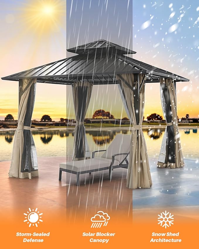 10' x 10' Hardtop Gazebo, Aluminum Frame Outdoor Patio Gazebos with Netting and Curtains, Outdoor Gazebo Canopy, Patio Pergola with Double Steel Roofs for Backyard, Patio, Deck, Sandstone