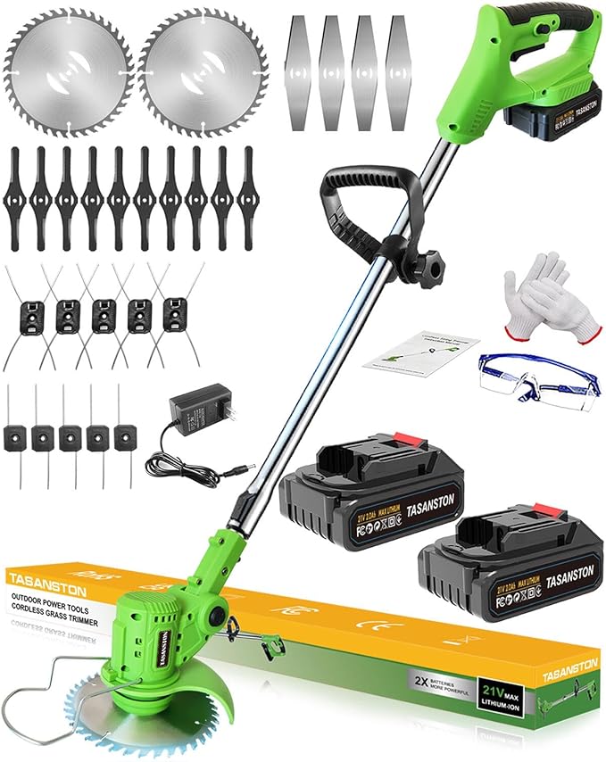 Cordless Weed Wacker, 21V Electric Weed Eater Battery Powered, 3 in 1 Grass Trimmer Cordless with 2 Batteries & Metal Blade, Electric Weed Trimmer/Lawn Edger/Brush Cutter for Yard Garden