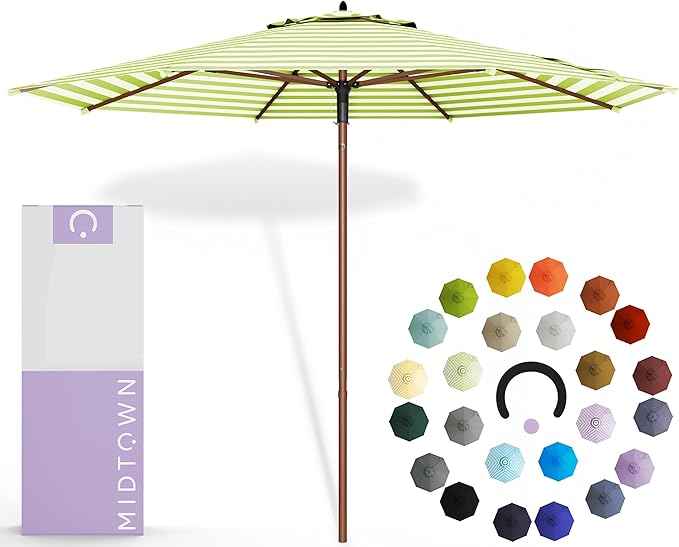 Midtown Umbrellas The Wooden 8 Feet Patio Umbrella With Terylast Pear Stripes (Light Green/White Stripes) Polyester Fabric - Aluminum Frame Market Umbrella For Backyard, Deck, Garden, Pool - Wooden Pole