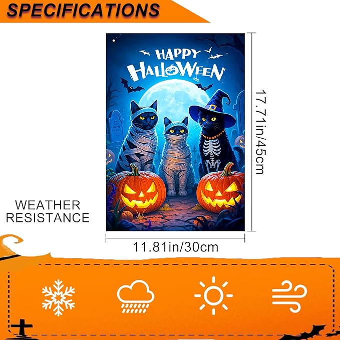 IVN Happy Halloween Garden Flag 12x18 Inch Double Sided Black Cat Skeleton Mummy Pumpkin Witch Hat Moon Outdoor Yard Flag for Outside Front Door Lawn Porch Patio Welcome Decor