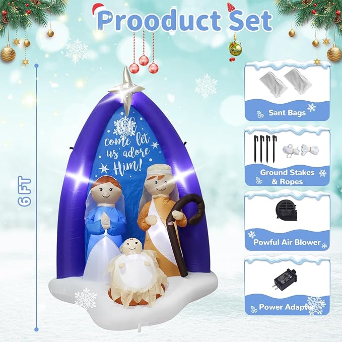 6Feet Inflatable Jesus Nativity Scene Outdoor Christmas Decoration with LED Lights,Indoor Outdoor Holiday Nativity Set Decor Easy to Install and Store Ideal for Lawn Garden Entryway Christmas Parties