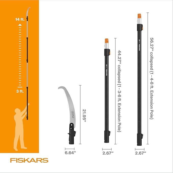 Fiskars XtendControl Extendable Tree Pruner (14 ft), Adjustable Branch Trimmer with 15" X2 Hook Bill Saw, 3-6 ft & 4-8 ft Extension Poles, and Secure Locking System for Precision Cutting