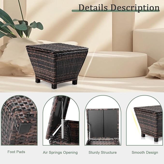 VINGLI 13 Gallon Outdoor Deck Box, Wicker Outdoor Storage Box with Lid, Small Storage Bin Container for Outside and Patio, Patio Rattan Side Table for Yard Porch (Brown, Trapezoidal)
