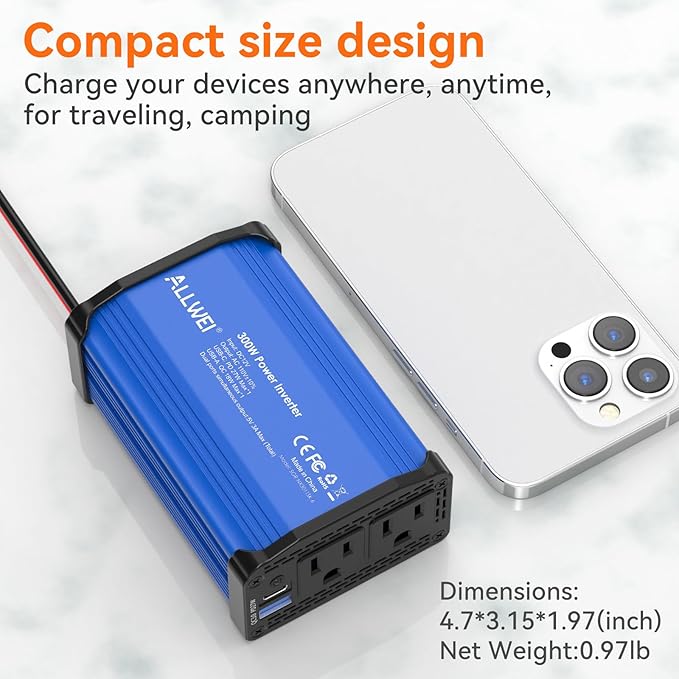 ALLWEI 300W Car Power Inverter, DC 12V to 110V AC Converter Car Plug Adapter Outlet with 27W PD USB-C & 18W USB-A Fast Charge, Car Cigarette Lighter Charger for Phone, Laptop, Tablet - Blue