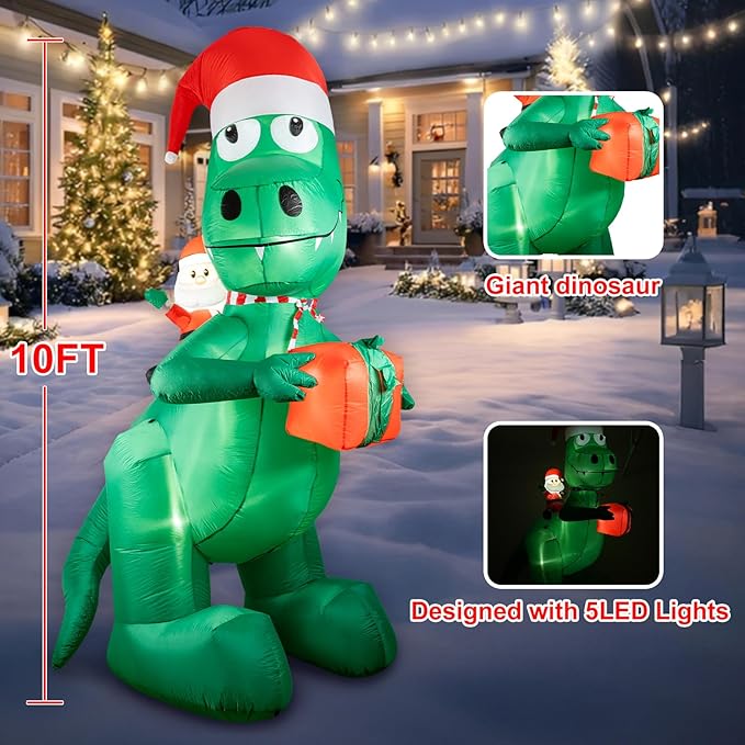 HFO 10ft Tall Christmas Inflatable Outdoor Decorations, Blow up Yard Decor with Santa Claus Rides a Dinosaur to Deliver Gifts, Bright LED Lights Christmas Outdoor Decorations