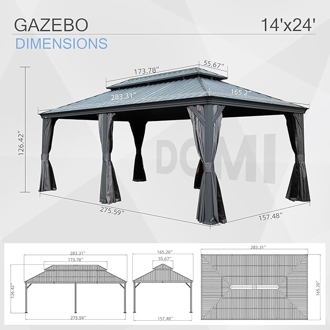 Domi 14x24FT Outdoor Gazebo, Hardtop Gazebo with Galvanized Steel Double Roof, Metal Gazebos with Drainage System Patio Pergola for Patio Deck Backyard,Curtain and Netting,Gray