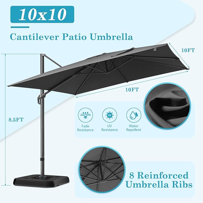 HOTIME 10x10 Patio Umbrella Cantilever Outdoor Umbrella Aluminum Offset Pool Umbrella with 360 Rotation for Garden Deck Pool Patio, Gray
