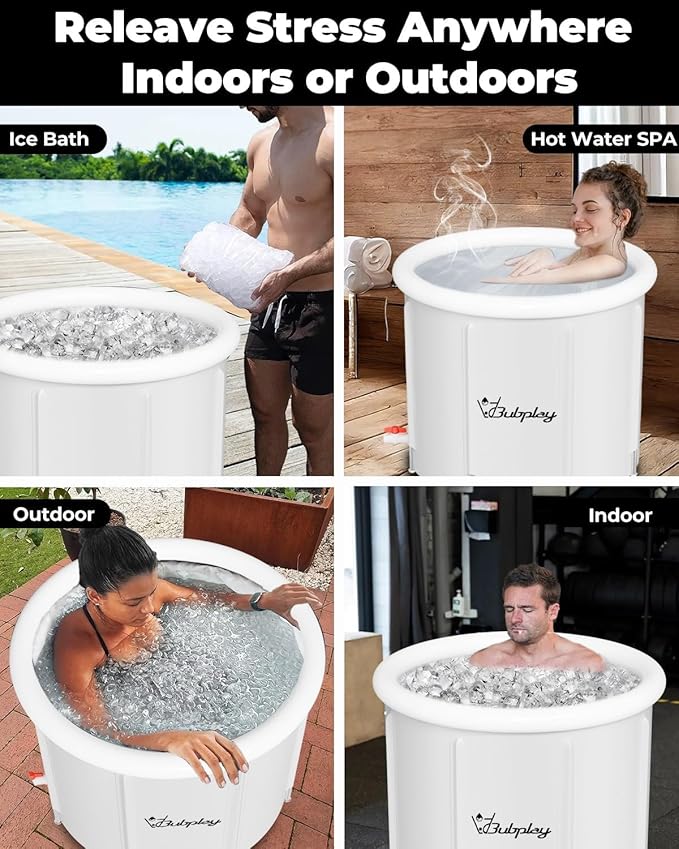 XL Ice Bath Tub for Athletes & Adults - 105 Gallons Ice Tub, Cold Plunge Tub with Cover, Ice Plunge Tub for Recovery & Cold Water Therapy, Inflatable Ice Bath Barrel for Indoor Outdoor- Grey