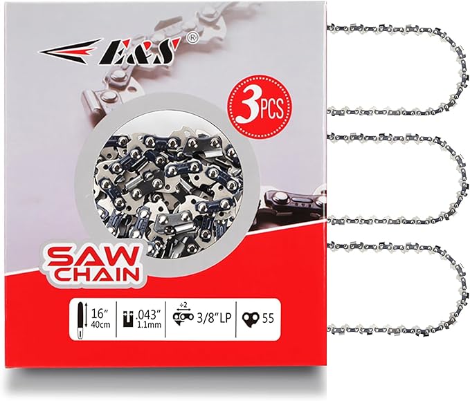 E & S 3 Pack 16 Inch Chainsaw Chain 3/8" LP Pitch .043" Gauge 55 Drive Links Semi-Chisel Chain Saw Chains for Husqvarna, Poulan, Craftsman, Greenworks and More Chainsaw Brands