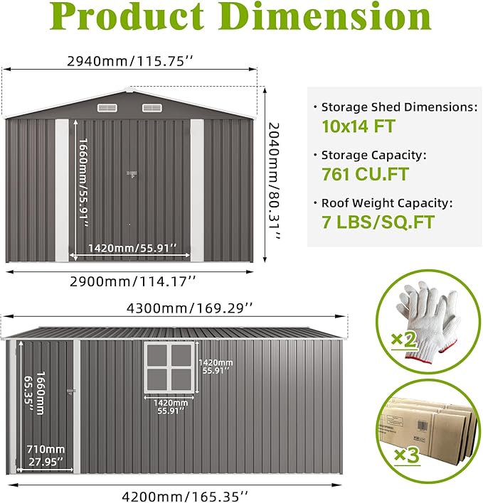 10x14 FT Large Outdoor Storage Shed,Durable Metal Garden Shed with Three Lockable Doors and Two Windows,Waterproof Tool Shed for Backyard Patio,All-Weather Shelter for Bike,Lawn Mowers,Grey