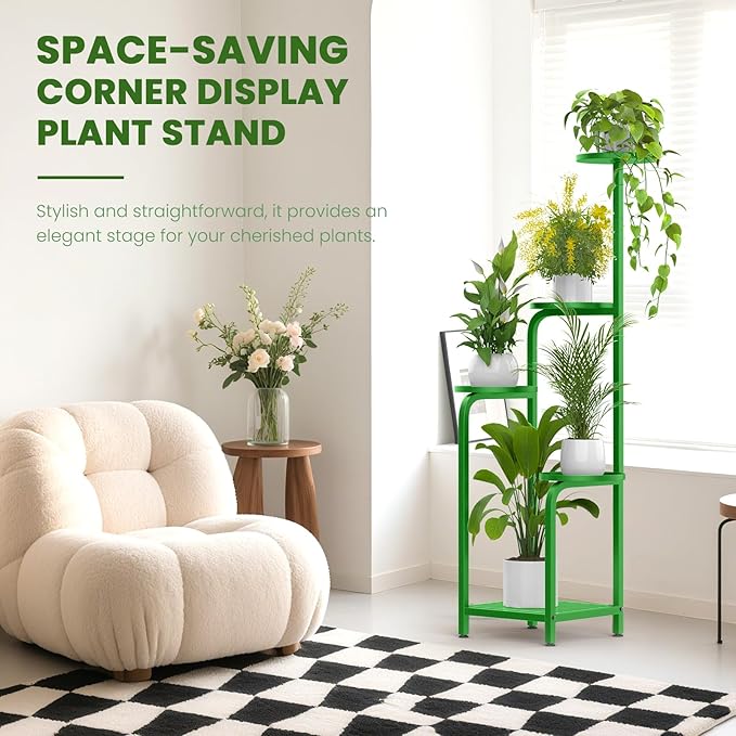 TOSKING 5 Tier Tall Plant Stand Indoor Outdoor, Heavy Duty Corner Shelf for Plants & Decor, Space Saving 3.9FT Metal Flower Pot Stand for Balcony, Garden, Living Room, Patio (Green, 47in)