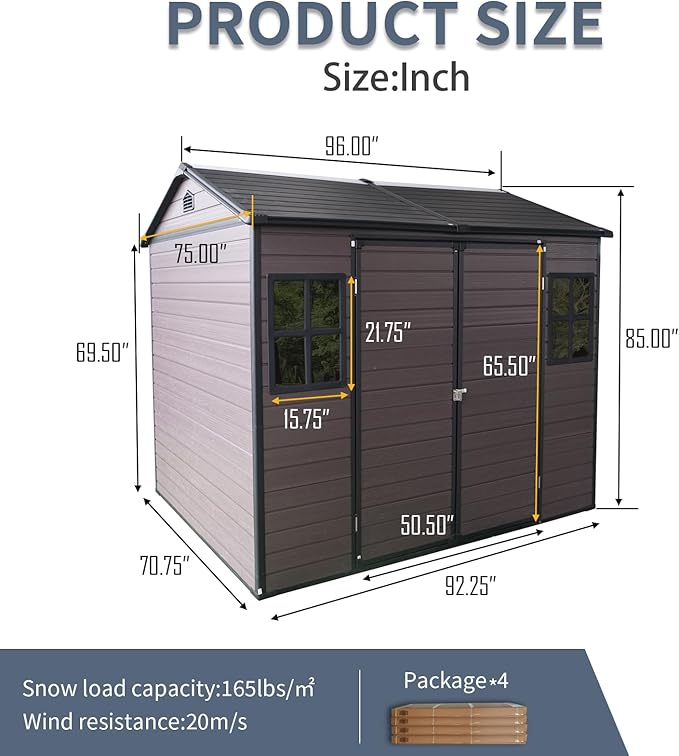 8x6 Ft Resin Outdoor Storage Shed with Floor, 2 Windows & Lockable Door – Weather -, Durable Shed for Backyard, Patio & Tools (Brown) (1 Doors)