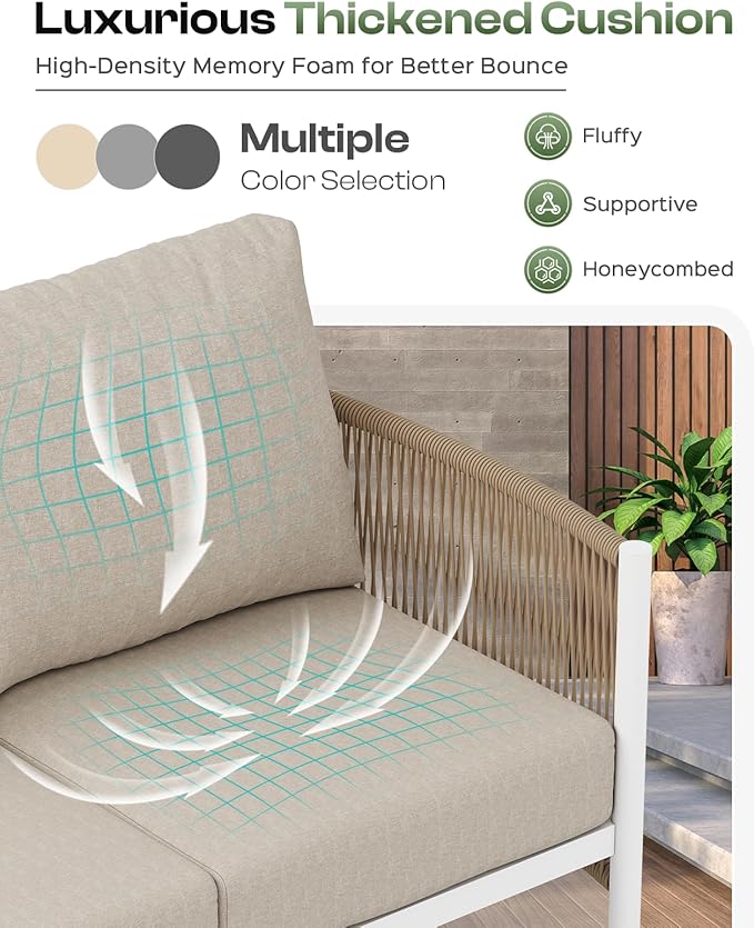 Aluminum Outdoor Patio Furniture Set, HDPE Rope 4 Piece Modern Sectional Conversation Sets with Dual-Layer Coffee Table, All Weather Patio Couch Sofa with Thick Cushions, White Frame, Ivory