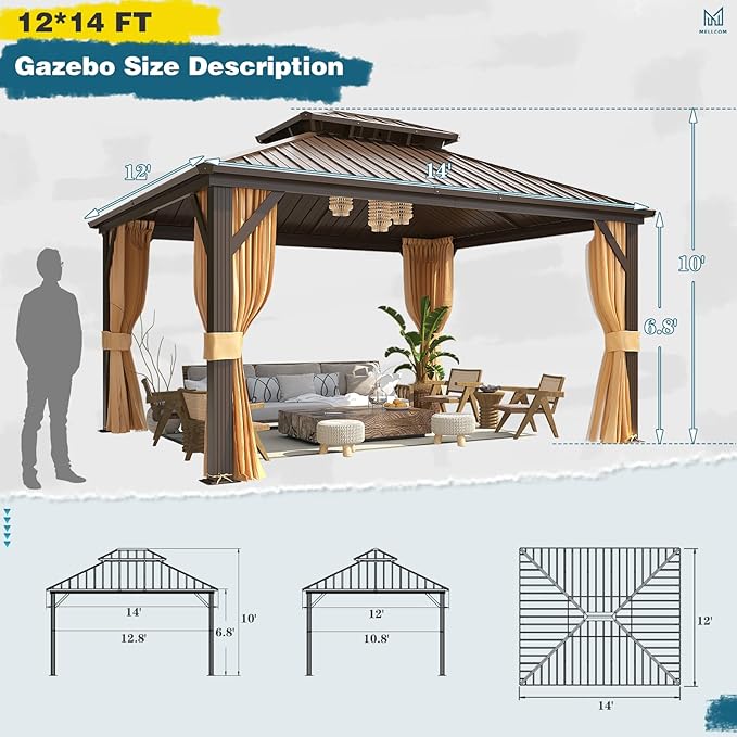 MELLCOM 12'x14' Hardtop Gazebo, Metal Double Roof Aluminum Gazebos with Curtain and Netting,Brown Permanent Galvanized Steel Pavilion for Patio, Lawn & Deck