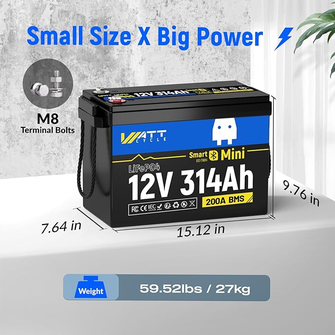Wattcycle 12V 314Ah LiFePO4 Mini Lithium Battery with Bluetooth 5.0, Built-in Metal Frame 200Ah BMS, 4.01kWh Energy, Upgraded Aluminum Cooling Fins, 12v 300ah + Lifepo4 Lithium Batterys