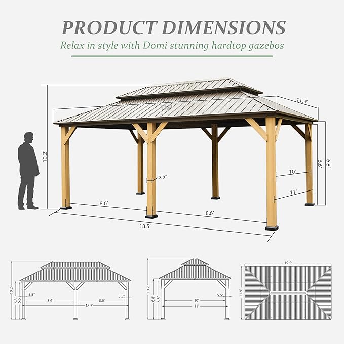 Domi 12' X 20' Wood Gazebo, Cedar Frame Hardtop Gazebo with Galvanized Steel Double Roof, Netting & Curtains, Patio Pergola Pavilion for Patio, Backyard, Deck, Lawns