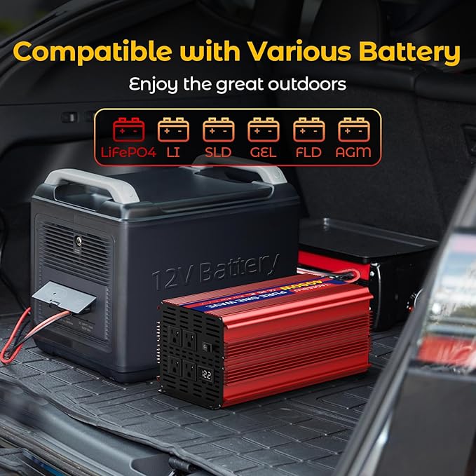 4000W Pure Sine Wave Inverter, 12V DC to 110V/120V AC Power Inverter for RV、Off Grid with 2 AC outlets and LCD Display