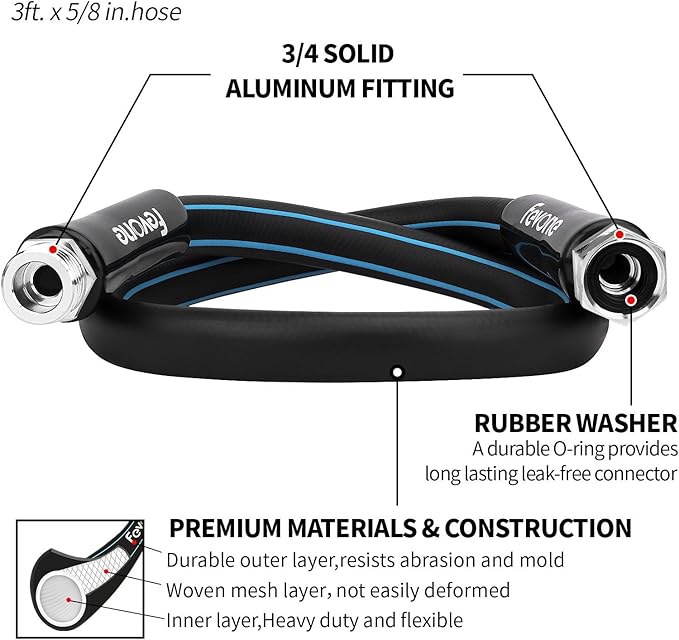 Fevone Garden Leader Hose 3 ft., Lightweight Hybrid Water Hose, Flexible and Durable, Leak-Free Connections
